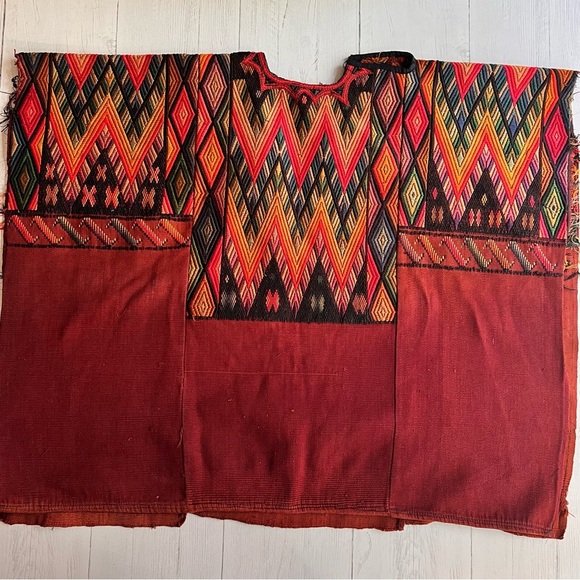 Vintage 70s Guatemalan Huipil Handmade Tunic Top – Red Brown Geometric P… - Picture 10 of 15